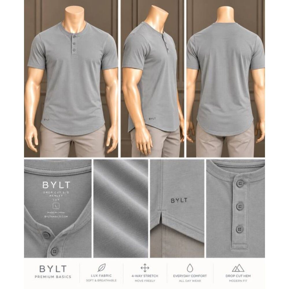 BYLT Men's Drop Cut Henley Lux Short Sleeve Gray Size L